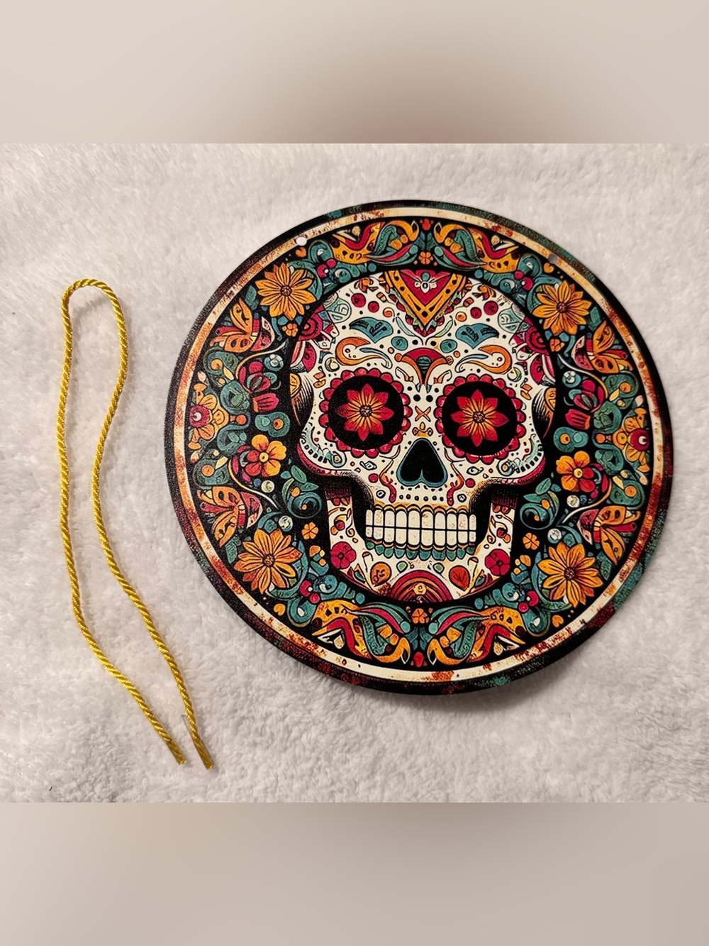 Sugar Skull Day of the Dead Decorative Round Metal Sign Pre-Drilled Teal Multi